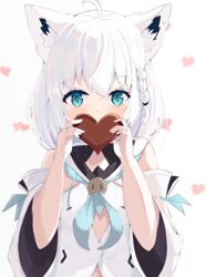  ahoge animal_ear_fluff animal_ears aqua_eyes blue_neckerchief braid candy chocolate commentary_request covering_own_mouth detached_sleeves earrings female food fox_ears fox_girl front_slit hair_between_eyes hands_up heart heart-shaped_chocolate heart_background highres holding holding_chocolate holding_food hololive hood hoodie jewelry light_blush long_hair long_sleeves looking_at_viewer natsuki_(natsu_1936) neckerchief shirakami_fubuki shirakami_fubuki_(1st_costume) side_braid sidelocks single_earring solo straight-on valentine virtual_youtuber white_background white_hair white_hoodie white_sleeves wide_sleeves 