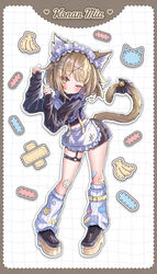  :&lt; apron banana banana_hair_ornament bell black_bow black_footwear black_jacket black_shorts blush bow brown_eyes character_name closed_mouth commentary_request female food food-themed_hair_ornament frilled_apron frills fruit full_body grid_background hair_ornament hairclip highres jacket jersey_maid jewelry jingle_bell konan_mia konan_mia_(3rd_costume) light_brown_hair long_sleeves looking_at_viewer maid medium_bangs meerkat_ears meerkat_tail nanashi_inc. navel o-ring o-ring_thigh_strap one_eye_closed paw_pose platform_footwear sanada_shinka short_hair shorts socks solo standing tail tail_bell tail_bow tail_ornament thigh_strap track_jacket unconventional_maid virtual_youtuber waist_apron white_apron white_background white_socks 