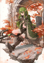  absurdres arch arknights autumn_leaves black_footwear black_shorts boots cape commentary crocodilian_tail crop_top female full_body gavial_(arknights) gavial_(combat_medic)_(arknights) green_cape green_hair highres holding holding_own_tail holding_staff jumbowhopper official_alternate_costume outdoors pointy_ears shorts sidelocks sitting solo staff tail thigh_boots thighhighs yellow_eyes 