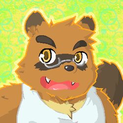  1:1 2014 anthro black_nose brown_body brown_fur bust_portrait canid canine clothing cute_fangs fur kemono kounosuke_(morenatsu) low_res male mammal morenatsu nazimi00 portrait raccoon_dog shirt slightly_chubby solo tanuki topwear 