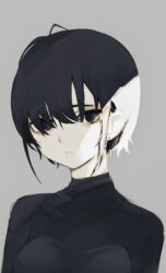  :/ antenna_hair black_eyes black_hair black_sweater closed_mouth earrings expressionless female grey_background highres jewelry looking_at_viewer migihidari_(puwako) original pale_skin simple_background solo sweater upper_body 