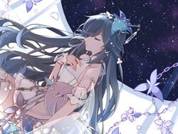  bare_shoulders black_hair chains closed_eyes closed_mouth dress female flower fu_hua fu_hua_(azure_empyrea) hair_between_eyes hair_ornament highres honkai_(series) honkai_impact_3rd long_hair night night_sky purple_flower see-through see-through_sleeves sky sleeveless sleeveless_dress solo star_(sky) tanghc175 wedding_dress white_dress 