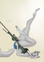  absurd_res anthro awp bad_trigger_discipline black_bra black_clothing black_underwear blue_eyes bottomwear bra canid canine canis clothing female fur grey_body grey_fur gun hair hi_res legs_in_air long_legs looking_at_viewer lying mammal muscular muscular_female neelam_(artist) on_back ranged_weapon rifle shorts sniper_rifle solo sports_bra underwear weapon white_body white_fur white_hair wolf wolf_tail 