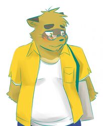  2014 anthro biped black_nose blush bottomwear brown_body brown_fur canid canine clothing eyewear fur glasses hi_res kounosuke_(morenatsu) male mammal morenatsu overweight overweight_male pants raccoon_dog shirt simple_background solo tanuki tohfu topwear white_background 