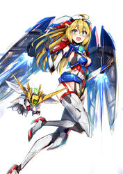  black_gloves blonde_hair cowlick female gloves green_eyes gundam gundam_wing high_heels highres humanization i.takashi mecha_musume mechanical_wings open_mouth science_fiction solo thrusters v-fin variant_set white_background wing_gundam_zero wings 