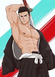  1boy abs bad_id bad_twitter_id bara bare_pectorals belt biceps black_hair bleach brown_eyes danzen hakama highres japanese_clothes katana kimono kurosaki_isshin large_pectorals long_sideburns long_sleeves looking_at_viewer male_focus mature_male muscular muscular_male navel nipples pectorals serious shinigami sideburns solo spiked_hair sword thick_arms weapon zanpakutou 