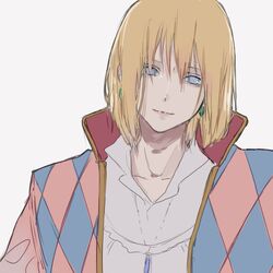  1boy blonde_hair blue_eyes closed_mouth earrings highres howl_(howl_no_ugoku_shiro) howl_no_ugoku_shiro jewelry looking_at_viewer male_focus necklace shousen_misako simple_background smile solo 