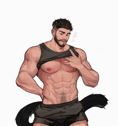  1boy :p abs bad_id bad_twitter_id bara bare_pectorals beard biceps black_hair blue_eyes cat_tail clothes_lift earphones facial_hair hand_on_own_chest hand_on_own_hip highres kuro_(kuroshima_kurishiro) kuroshima_kurishiro_(muyi24108414) large_pectorals lifting_own_clothes looking_at_viewer male_focus manly muscular muscular_male navel navel_hair nipples original pectorals shirt_lift short_hair shorts solo stomach sweat sweatdrop tail tank_top thick_arms thick_eyebrows tongue tongue_out undercut underpec very_short_hair 