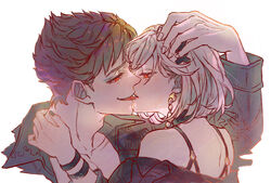  1boy alter_ego_malevolent_(granblue_fantasy) belial_(granblue_fantasy) black_hair bracelet djeeta_(granblue_fantasy) female french_kiss granblue_fantasy hair_ornament hand_in_another&#039;s_hair highres jewelry kissing mokimi official_alternate_costume red_eyes simple_background straight tongue tongue_out upper_body white_background white_hair 