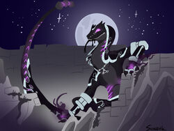  2022 4:3 ambiguous_gender anthro armor black_body black_scales black_tongue digital_media_(artwork) forked_tongue glowing glowing_eyes glowing_markings markings moon night purple_eyes rattle_(anatomy) reptile rock scales scalie signature sky solo star starry_sky sunahbii tail tongue tongue_out 