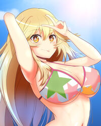  :p arm_behind_head armpits arms_up bikini blonde_hair blue_sky breasts cleavage female hair_between_eyes highres kumaisao large_breasts long_hair looking_at_viewer navel official_alternate_costume shokuhou_misaki sky smile solo sparkling_eyes star_(symbol) star_print sun swimsuit toaru_kagaku_no_mental_out toaru_majutsu_no_index toaru_majutsu_no_index:_imaginary_fest tongue tongue_out upper_body v white_bikini yellow_eyes 