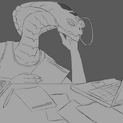  1:1 agent_torque anthro apode calculator claws clothed clothing computer electronics female forked_tongue hand_on_face hand_on_head laptop legless monochrome paper pencil_(object) reptile scalie simple_background snake snake_hood solo taxes thinking tongue tongue_out topwear unknown_artist viper_(x-com) x-com x-com:_chimera_squad 