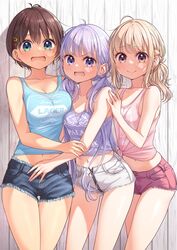  3girls aqua_eyes blonde_hair blue_shorts blue_tank_top blush breast_press breasts brown_eyes brown_hair closed_mouth clothes_writing collarbone fringe_trim hair_between_eyes hair_ornament hairclip highres iijima_yun large_breasts long_hair looking_at_viewer medium_breasts multiple_girls navel new_game! official_art open_mouth pink_shorts pink_tank_top purple_eyes purple_hair purple_tank_top shinoda_hajime shirt short_hair shorts small_breasts suzukaze_aoba tank_top thigh_gap tied_shirt tokunou_shoutarou twintails white_shorts 