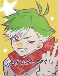  1boy antenna_hair bad_id bad_twitter_id brown_jacket character_name commentary_request daimonji_ryugon eyebrows_hidden_by_hair facial_mark green_hair green_nails grin happy_birthday highres jacket jersey logo long_sleeves male_focus marotani multicolored_hair nail_polish portrait red_eyes red_scarf scarf shirt simple_background sleeveless sleeveless_jacket smile solo star_(symbol) two-tone_hair v virtual_youtuber voms white_hair white_shirt yellow_background 