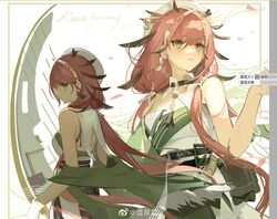  arknights bare_arms bare_shoulders belt belt_buckle braid buckle chinese_commentary closed_mouth commentary_request dress earrings erato_(arknights) feather_hair female green_eyes hairband jewelry long_hair mole mole_under_eye multiple_views photoshop_(medium) red_hair sleeveless sleeveless_dress smile tassel tassel_earrings twin_braids weibo_watermark wenquangua white_dress white_hairband white_headwear 