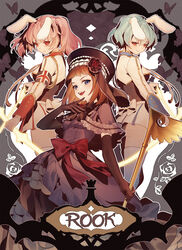  3girls aluce animal_ears bad_id bad_pixiv_id black_gloves blue_eyes blue_hair bow brown_hair chess_piece chiester410 chiester45 chiester_sisters closed_mouth dress elbow_gloves eva_beatrice gloves hat highres holding holding_staff holding_weapon laughing looking_at_viewer medium_hair multiple_girls open_mouth orange_hair pink_hair polearm purple_dress rabbit_ears rabbit_girl red_eyes rook_(chess) serious short_hair smile spear staff standing umineko_no_naku_koro_ni weapon white_legwear witch_hat 