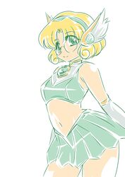  adapted_costume blonde_hair crop_top curly_hair female gem glasses green_eyes green_skirt hououji_fuu looking_at_viewer magic_knight_rayearth magical_girl midriff navel official_alternate_costume okuri_ookami retro_artstyle skirt smile solo standing white_background 