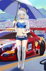  absurdres ahoge artoria_pendragon_(fate) belly blue_ribbon boots breasts car circuit_de_spa-francorchamps collar cosplay crop_top embarrassed fate/grand_order fate_(series) female gray_(fate) green_eyes grey_hair gt_world_challenge_europe highres intercontinental_gt_challenge jacket looking_at_viewer lord_el-melloi_ii_case_files medium_breasts mercedes-benz mercedes-benz_amg_gt motor_vehicle official_alternate_costume quatthro race_queen race_vehicle ribbon saber_(fate) saber_(fate)_(cosplay) saber_(type-moon_racing)_(fate) saber_(type-moon_racing)_(fate)_(cosplay) shorts solo sports_car tohsaka_rin umbrella 