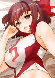  absurdres breasts brown_eyes brown_hair commentary_request covered_nipples crop_top female girls_und_panzer headband highres impossible_clothes impossible_shirt kondou_taeko kutouten large_breasts lying on_side red_headband shirt sleeveless sleeveless_shirt smile solo upper_body 