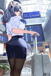  airport alternate_costume ass black_pantyhose blue_eyes blue_hat blue_skirt breasts chinese_commentary commentary_request contemporary english_text female from_behind genshin_impact grey_hair hair_ornament hair_over_one_eye hat highres large_breasts long_hair looking_at_viewer looking_back pantyhose parted_lips shenhe_(genshin_impact) shiben_(ugvu5784) shirt shirt_tucked_in short_sleeves skirt smile solo suitcase thighs travel_attendant white_shirt 