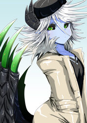  :&lt; black_horns black_sclera black_shirt black_wings blue_background blue_skin coat colored_sclera colored_skin demon_girl demon_horns demon_wings dolores_(mazohaha) female fur_coat fur_collar green_eyes horns houshi jacket looking_at_viewer messy_hair musuko_ga_kawaikute_shikatanai_mazoku_no_hahaoya shirt solo white_fur white_hair white_jacket wings 