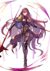  absurdres armor bodysuit breasts covered_navel dual_wielding fate/grand_order fate_(series) female gae_bolg_(fate) hair_intakes highres holding holding_weapon kamakura_(clupeoidei) large_breasts leotard long_hair one_eye_closed pauldrons photoshop_(medium) polearm purple_bodysuit purple_hair purple_leotard red_eyes scathach_(fate) shoulder_armor simple_background smile solo spear veil very_long_hair weapon white_background 