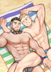  2boys abs absurdres arms_up bara beach beard black_hair blonde_hair body_hair bracelet bulge chest_hair couple facial_hair goggles goggles_around_neck highres jewelry large_pectorals lgbt_pride lying male_focus male_swimwear mature_male multiple_boys muscular muscular_male navel navel_hair nipples on_back original outdoors pectorals peterhl sand selfie short_hair sideburns smile spread_legs stomach stubble swim_briefs thick_eyebrows thick_thighs thighs topless_male undercut veins yaoi 