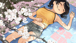  armpits black_hair blurry branch breasts camisole cherry_blossoms closed_eyes commentary_request copyright_name crop_top day denim denim_shorts depth_of_field dutch_angle feet_out_of_frame female flower from_above gaki_kyonyuu grey_shorts hand_on_own_stomach hand_up highres kaedeko_(kaedelic) large_breasts light_blush lying midriff navel on_back open_mouth oppai_loli outdoors petals sasaki_kanna_(kaedeko) shade short_hair short_shorts short_twintails shorts sideboob sleeping sleeveless strap_slip taut_clothes thighs towel twintails white_flower yellow_camisole 