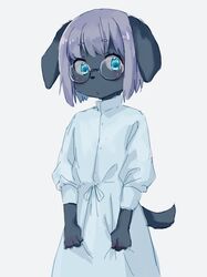  anthro blue_eyes canid canine canis clothing domestic_dog dress eyewear female fur glasses grey_body grey_fur hair hi_res kemono mammal purple_hair round_glasses short_hair simple_background solo white_background yuikawa 