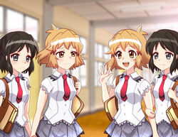  4girls absurdres black_hair blonde_hair commentary_request couple dual_persona green_eyes hair_ornament hair_ribbon hairclip happy highres kohinata_miku multiple_girls nervous open_mouth pepe3939 ribbon school_uniform senki_zesshou_symphogear senki_zesshou_symphogear_xd_unlimited smile tachibana_hibiki_(symphogear) tachibana_hibiki_(symphogear)_(another) uniform window yellow_eyes yuri 