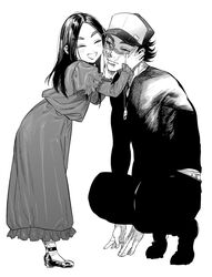  1boy alternate_costume alternate_headwear asirpa blush cheek-to-cheek closed_eyes closed_mouth commentary_request couple dog_tags dress female from_side full_body golden_kamuy greyscale hand_on_another&#039;s_face hand_on_another&#039;s_head hat heads_together hug kimidake long_dress long_hair long_sleeves looking_at_another monochrome no_headwear one_eye_closed open_mouth pants parted_lips puffy_long_sleeves puffy_sleeves scar scar_on_cheek scar_on_face scar_on_mouth scar_on_nose shirt shoes short_hair simple_background sitting smile spiked_hair squatting standing straight sugimoto_saichi thick_eyebrows two-tone_headwear white_background 