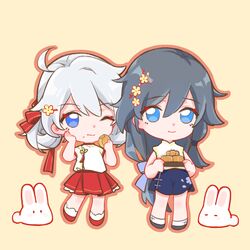  2girls antenna_hair black_hair blue_eyes chibi china_dress chinese_clothes closed_mouth double_bun dress eating food food_in_mouth food_on_face fu_hua full_body hair_between_eyes hair_bun hair_ornament hand_on_own_cheek hand_on_own_face highres holding holding_food honkai_(series) honkai_impact_3rd kiana_kaslana mid-autumn_festival mooncake multiple_girls one_eye_closed rabbit simple_background smile standing tanghc175 white_hair yellow_background 