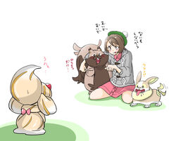  alcremie alcremie_(caramel_swirl) alcremie_(strawberry_sweet) bad_id bad_pixiv_id brown_eyes brown_hair can_(pixiv33249519) canine commentary_request eye_contact female food fruit gloria_(pokemon) greedent green_headwear highres looking_at_another pokemon pokemon_(creature) pokemon_swsh short_hair simple_background sitting standing strawberry sweat tail tail_wagging tongue tongue_out white_background yamper 