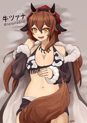  :d absurdres animal_ears animal_print bare_shoulders between_legs bikini black_bikini borrowed_character breasts brown_hair character_name cleavage coat cow_ears cow_horns cow_print cow_print_bikini cowboy_shot fake_animal_ears fake_horns female fur-trimmed_coat fur_trim grey_coat hairband head_scarf highres hitokuirou horns jewelry large_breasts long_hair long_sleeves looking_at_viewer lower_teeth_only lying navel necklace on_back open_clothes open_coat open_mouth original print_bikini signature smile solo swimsuit tail tail_between_legs teeth tsana_(lansane) underboob wolf_tail yellow_eyes 