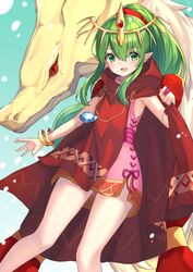  blush bracelet cape commentary cowboy_shot dragon dress female fire_emblem fire_emblem:_mystery_of_the_emblem gradient_background green_eyes green_hair hako_momiji highres jewelry long_hair looking_at_viewer multiple_persona open_mouth pink_dress pointy_ears ponytail red_cape short_dress side_slit sleeveless sleeveless_dress smile solo thighs tiara tiki_(fire_emblem) tiki_(young)_(fire_emblem) 