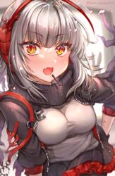  ahoge antennae arknights bad_id bad_pixiv_id black_gloves black_jacket black_scarf black_skirt breasts commentary_request demon_horns female food gloves grey_hair grey_shirt highres horns jacket large_breasts leaning_forward looking_at_viewer nyamaso open_clothes open_jacket open_mouth pocky red_eyes scar scar_on_arm scarf shirt short_hair skirt solo standing surprised sweat twitter_username w_(arknights) 