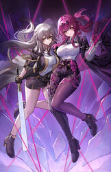  2girls absurdres baseball_bat belt black_footwear black_gloves black_jacket black_shorts black_skirt blush boots breasts chest_harness collared_shirt dress_shirt eternity_(shadeh) eyewear_on_head full_body gloves grey_hair hair_between_eyes harness high-waist_shorts highres honkai:_star_rail honkai_(series) jacket jacket_on_shoulders kafka_(honkai:_star_rail) large_breasts long_hair long_sleeves looking_at_viewer medium_breasts multiple_girls open_clothes open_jacket pantyhose pantyhose_under_shorts pince-nez ponytail purple_eyes purple_gloves purple_hair purple_pantyhose round_eyewear shirt shorts sidelocks single_thigh_boot skirt smile stelle_(honkai:_star_rail) sunglasses thigh_boots trailblazer_(honkai:_star_rail) white_shirt yellow_eyes 