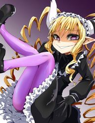  :&gt; black_dress black_footwear black_gloves blonde_hair demon_girl demon_horns dress drill_hair female gloves goth_fashion gothic_lolita horns houshi lolita_fashion musuko_ga_kawaikute_shikatanai_mazoku_no_hahaoya nightmare_(mazohaha) pointy_ears purple_eyes purple_legwear shoes solo white_horns 