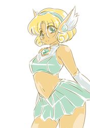  adapted_costume blonde_hair crop_top curly_hair dark-skinned_female dark_skin female gem glasses green_eyes green_skirt hououji_fuu looking_at_viewer magic_knight_rayearth magical_girl midriff navel official_alternate_costume okuri_ookami retro_artstyle skirt smile solo standing tan white_background 