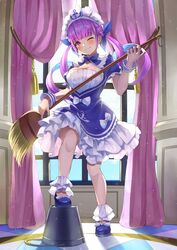  ;) absurdres anchor_hair_ornament anchor_symbol ankle_cuffs blue_bow blue_bowtie blue_dress blue_footwear blue_hair blue_nails blunt_bangs bow bowtie breasts broom bucket captain_morgan_pose chakuma_(yiyh1468) closed_mouth collar colored_inner_hair curtains day dress dress_bow drill_hair female footwear_bow frilled_dress frills full_body hair_ornament hands_up highres holding holding_broom hololive indoors large_breasts leg_up long_hair looking_at_viewer maid maid_headdress minato_aqua minato_aqua_(1st_costume) multicolored_hair one_eye_closed pink_curtains pink_eyes purple_hair short_sleeves smile solo standing standing_on_object streaked_hair twin_drills twintails two-tone_hair virtual_youtuber white_bow white_collar window wrist_cuffs 