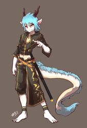  anthro asian_mythology barefoot blue_body blue_fur blue_hair chinese_text clothed clothing dragon east_asian_mythology eastern_dragon feet full-length_portrait fur furred_dragon furred_scalie grey_background hair hi_res horn jian linlvjia male melee_weapon mythological_creature mythological_scalie mythology navel plantigrade portrait scabbard scalie short_hair signature simple_background solo standing sword tail text thick_tail toes weapon 