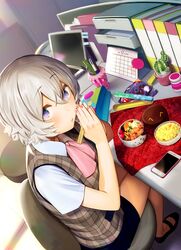  akagi_asahito ascot bad_id bad_twitter_id bag bento binder black_footwear black_legwear blush cactus calendar_(object) candy cellphone chair chopsticks closed_mouth commentary_request computer desk female food from_above from_behind from_side furoshiki highres holding indoors iphone kirigiri_saori laptop looking_at_viewer mary_janes miniskirt office office_chair office_lady official_art own_hands_together pen phone pink_ascot pink_nails plaid plaid_vest purple_eyes shoes short_hair short_sleeves shounen_chotto_sabotteko! sitting skirt smartphone solo sticky_note swivel_chair vest 