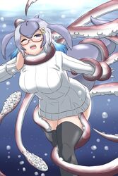  anchor_hair_ornament blowhole blue_eyes blue_hair blue_whale_(kemono_friends) blush boots breasts cetacean_tail dorsal_fin female fins fish_tail giant_squid glasses grey_hair hair_ornament japari_symbol kemono_friends large_breasts long_hair long_sleeves mukouyama_mu multicolored_hair open_mouth restrained solo sweater tail tentacle tentacle_grab tentacles_under_clothes thigh_boots turtleneck underwater whale_girl 