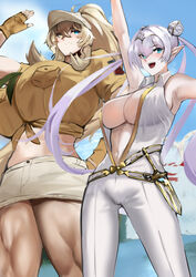  2girls abs arm_up bare_shoulders barghest_(fate) barghest_(swimsuit_archer)_(fate) barghest_(swimsuit_archer)_(first_ascension)_(fate) beach biceps blonde_hair blue_eyes blue_sky blush bodysuit breasts britomart_(fate) britomart_(second_ascension)_(fate) center_opening cleavage dagger double_bun fate/grand_order fate_(series) fingerless_gloves gloves gold_trim green_eyes grey_hair grey_headwear grey_skirt hair_bun hairband hat heterochromia high_ponytail highres huge_breasts jikihatiman knife large_breasts long_hair looking_at_viewer midriff miniskirt multiple_girls muscular muscular_female navel neckerchief pencil_skirt pointy_ears shirt short_sleeves sidelocks skirt sky sleeveless smile thick_thighs thighs tied_shirt twintails very_long_hair weapon white_bodysuit yellow_gloves yellow_shirt 