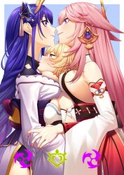  3girls absurdres animal_ears arm_grab bare_shoulders between_breasts blonde_hair blue_background blush braid breast_press breast_smother breasts closed_mouth commentary_request detached_sleeves earrings eye_contact face_to_breasts floppy_ears fox_ears from_side genshin_impact girl_sandwich hair_intakes hair_ornament head_between_breasts headgear height_difference highres jewelry large_breasts long_hair long_sleeves looking_at_another low-braided_long_hair low-tied_long_hair lumine_(genshin_impact) mole mole_under_eye multiple_girls nontraditional_miko obi obiage obijime outside_border pink_hair pink_nails purple_eyes purple_hair raiden_shogun sandwiched sash sideboob sidelocks simple_background smile soruna_(nell) wide_sleeves yae_miko yellow_eyes yuri 