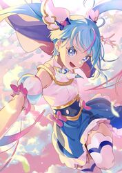  :d absurdres ahoge blue_cape blue_dress blue_eyes blue_hair cape cloud cure_sky detached_sleeves dress earrings eyelashes female gloves hair_ornament happy highres hirogaru_sky!_precure jewelry long_hair looking_at_viewer magical_girl multicolored_hair open_mouth pink_hair precure puffy_short_sleeves puffy_sleeves red_cape shipu_(gassyumaron) short_sleeves sky smile solo sora_harewataru thighhighs thighs twintails two-tone_cape two-tone_hair white_gloves wing_hair_ornament 