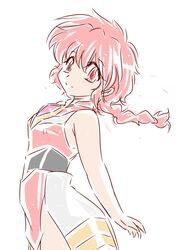  armpit_peek braid braided_ponytail female looking_at_viewer magic_knight_rayearth magical_girl official_alternate_costume okuri_ookami open_hand red_eyes red_hair retro_artstyle shidou_hikaru short_hair smile solo standing white_background 