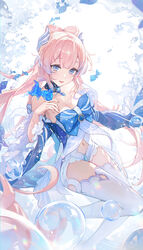  air_bubble bare_shoulders blue_eyes breasts bubble cleavage clothing_cutout dress female fins fish frilled_sleeves frills genshin_impact head_fins highres long_hair looking_at_viewer medium_breasts navel navel_cutout off_shoulder open_mouth pink_hair sangonomiya_kokomi smile solo thighhighs thighs ttosom very_long_hair white_dress white_thighhighs wide_sleeves 