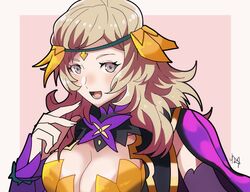  :d blonde_hair breasts circlet cleavage detached_sleeves female fire_emblem fire_emblem_fates fire_emblem_heroes grey_eyes large_breasts long_hair looking_at_viewer official_alternate_costume open_mouth ophelia_(fire_emblem) ophelia_(resplendent)_(fire_emblem) rem_(eyes_410) smile solo upper_body 