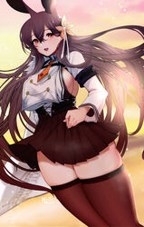  animal_ears azur_lane blush breasts brown_skirt check_commentary chikuma_(azur_lane) commentary_request crossed_bangs female hachimitsu_hinako hair_ornament large_breasts long_hair long_sleeves looking_at_viewer mole mole_under_mouth necktie parted_lips partial_commentary pleated_skirt rabbit_ears red_eyes red_necktie red_thighhighs sideboob skindentation skirt smile solo thick_thighs thighhighs thighs 